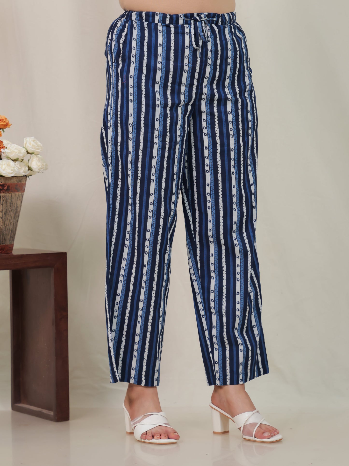 Soft Cotton Striped Blue Straight Trousers