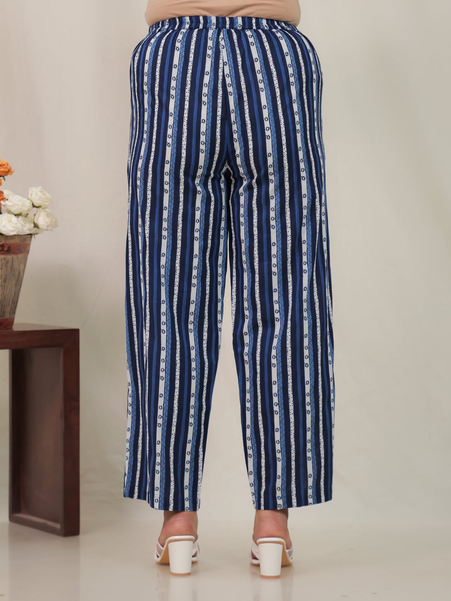 Soft Cotton Striped Blue Straight Trousers