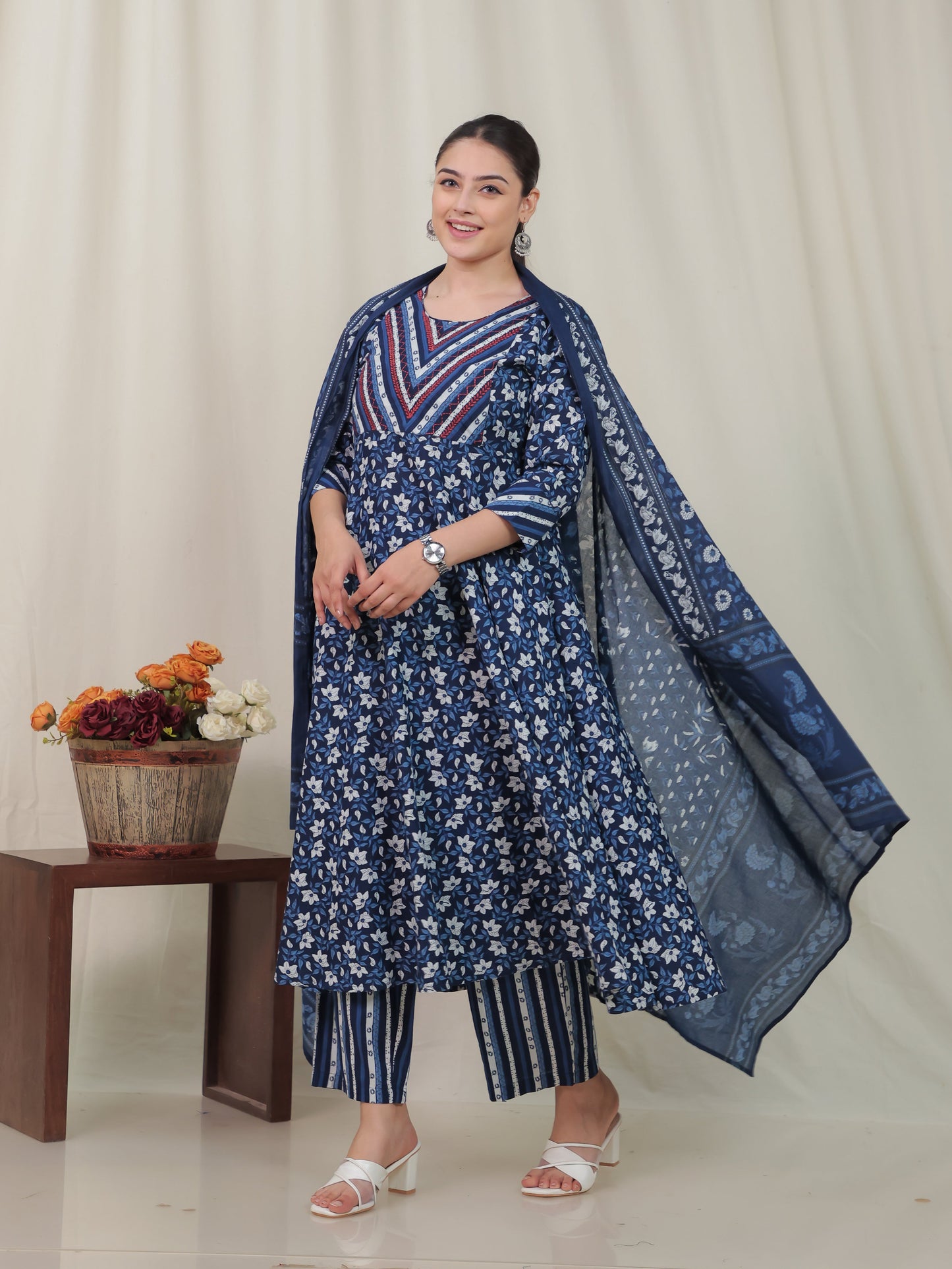 Embroidered Soft Cotton Floral Anarkali Blue Kurta