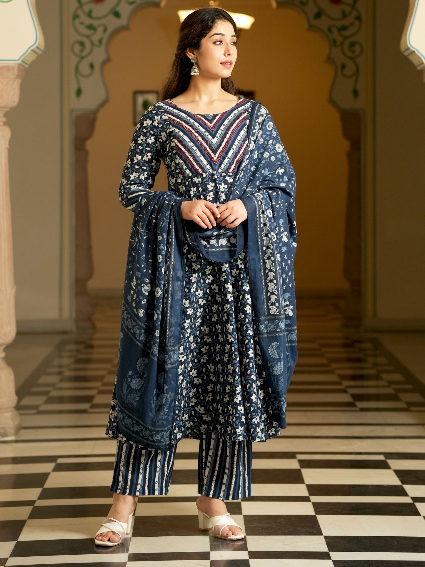 Embroidered Soft Cotton Floral Anarkali Blue Kurta