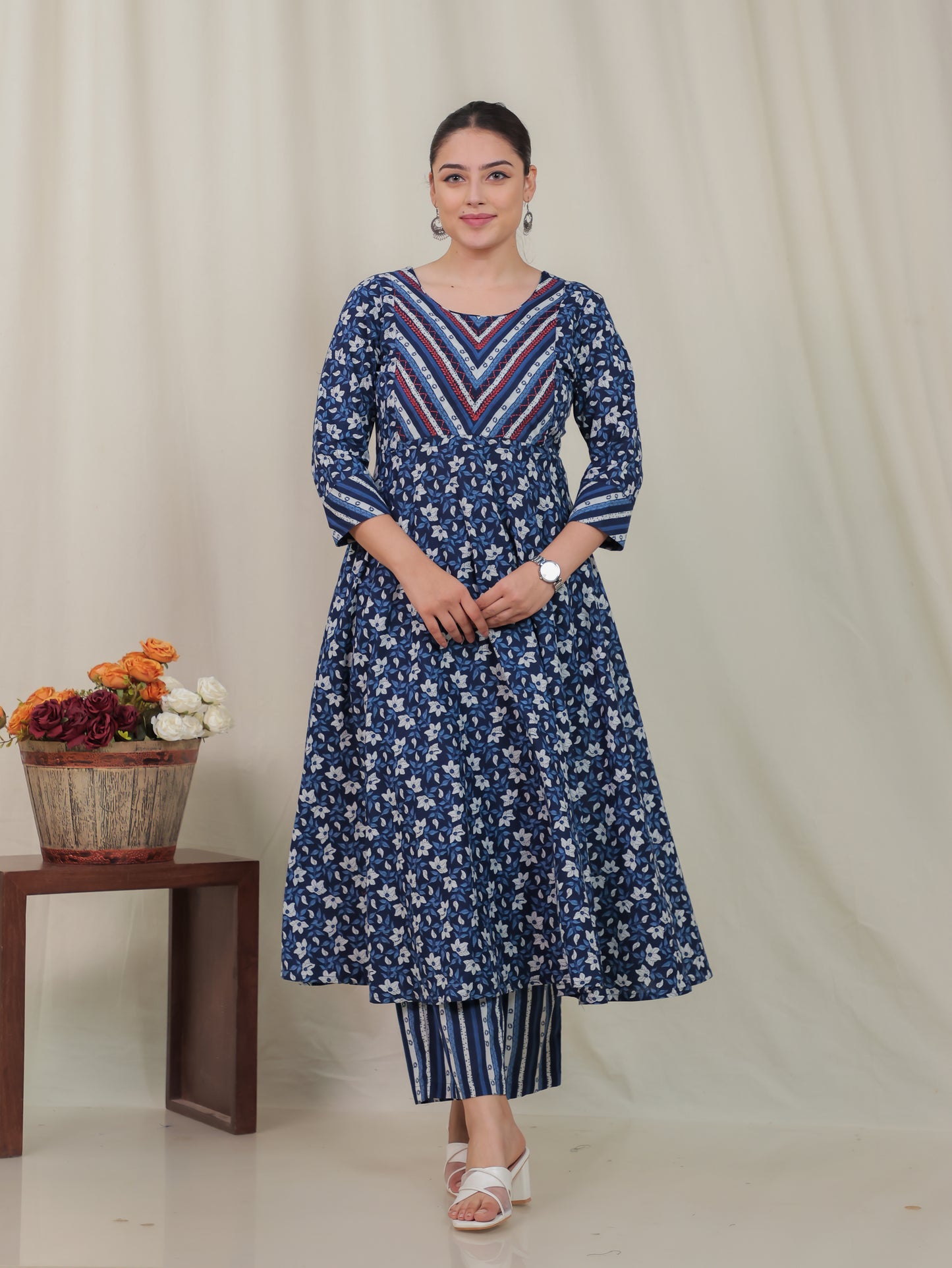 Embroidered Soft Cotton Floral Anarkali Blue Kurta