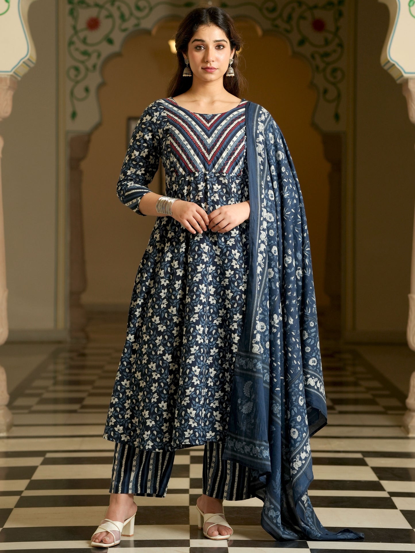 Embroidered Soft Cotton Floral Anarkali Blue Kurta