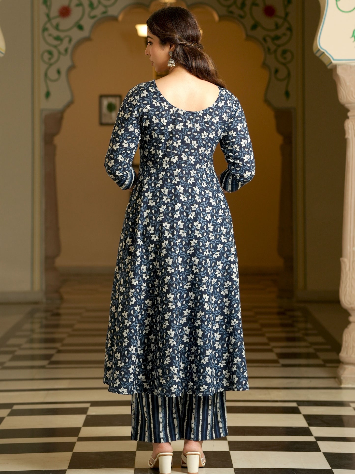 Embroidered Soft Cotton Floral Anarkali Blue Kurta