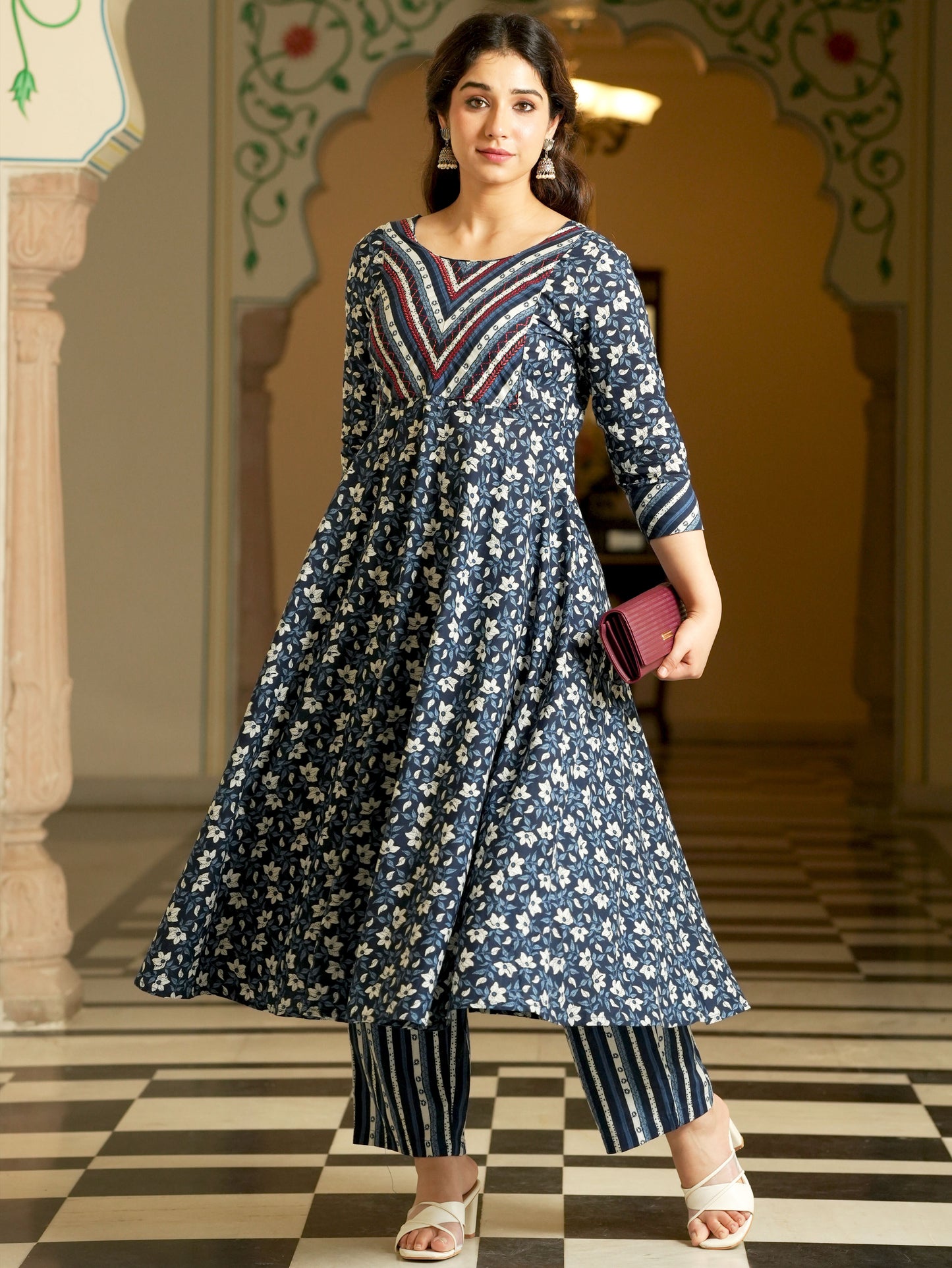 Embroidered Soft Cotton Floral Anarkali Blue Kurta