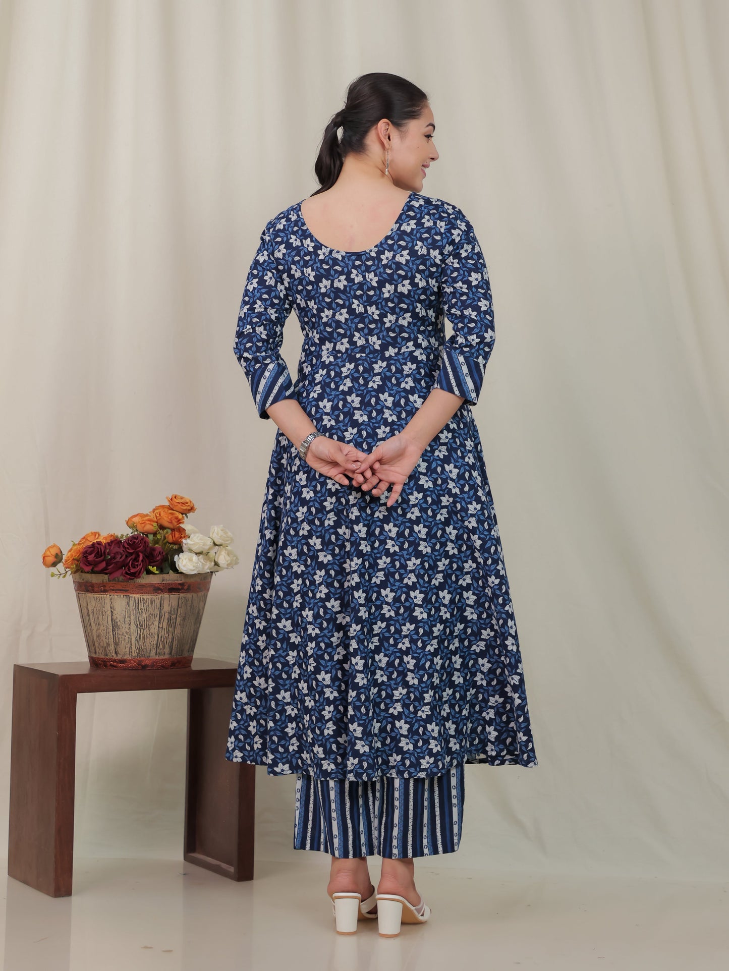 Embroidered Soft Cotton Floral Anarkali Blue Kurta
