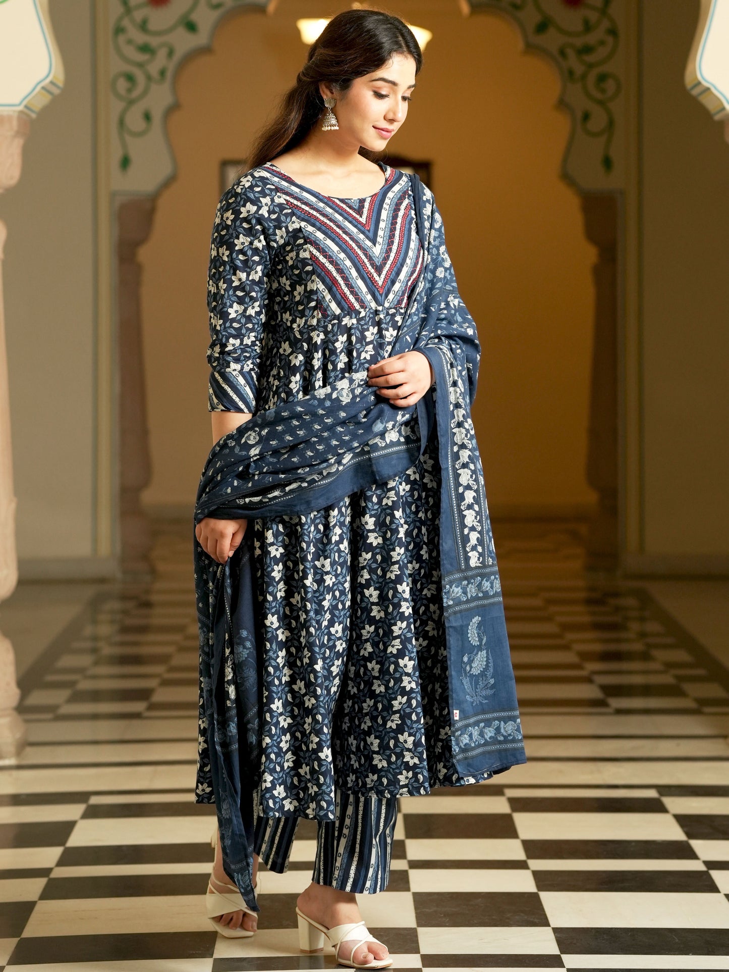 Embroidered Soft Cotton Floral Anarkali Blue Kurta