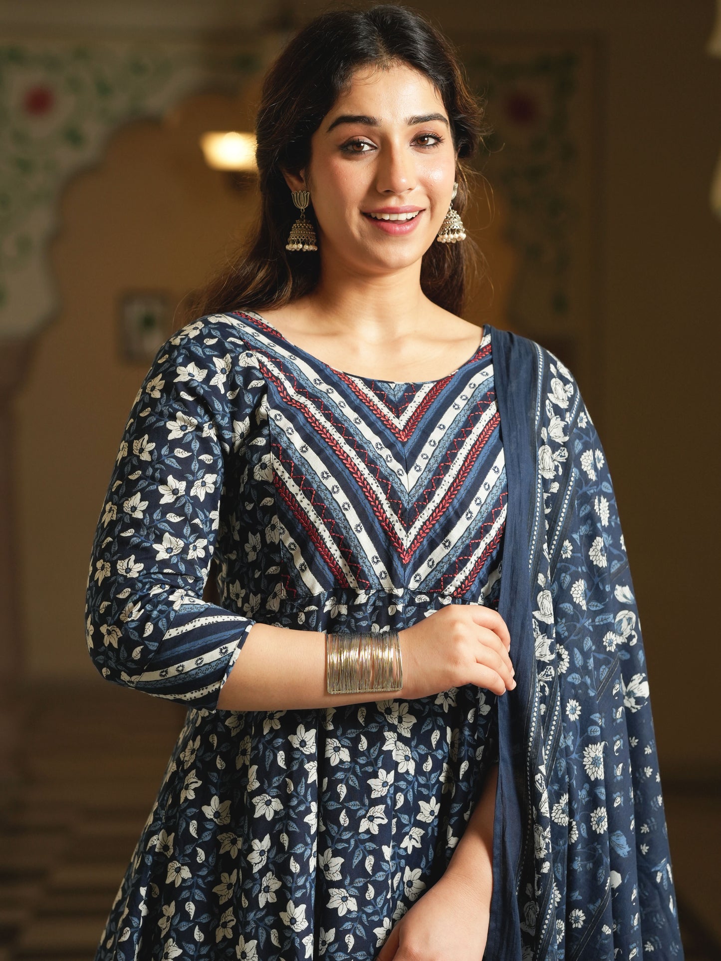 Embroidered Soft Cotton Floral Anarkali Blue Kurta