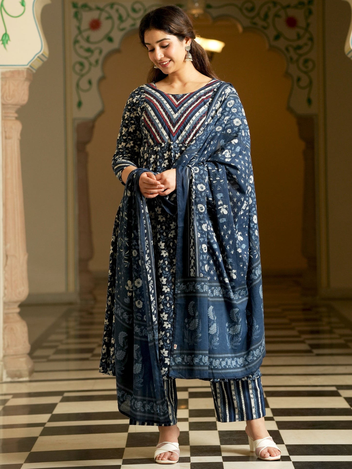 Embroidered Soft Cotton Floral Anarkali Blue Kurta