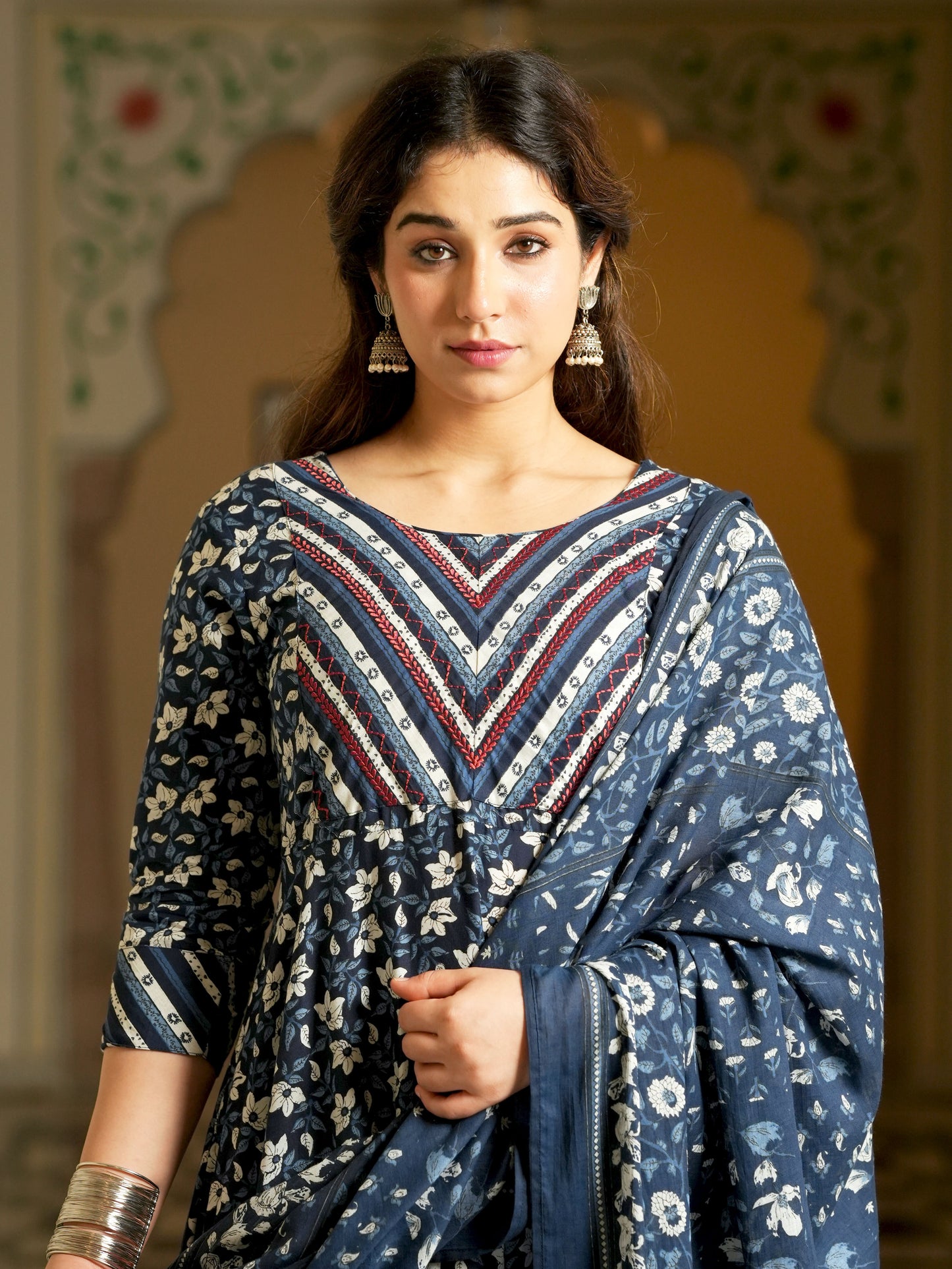 Embroidered Soft Cotton Floral Anarkali Blue Kurta