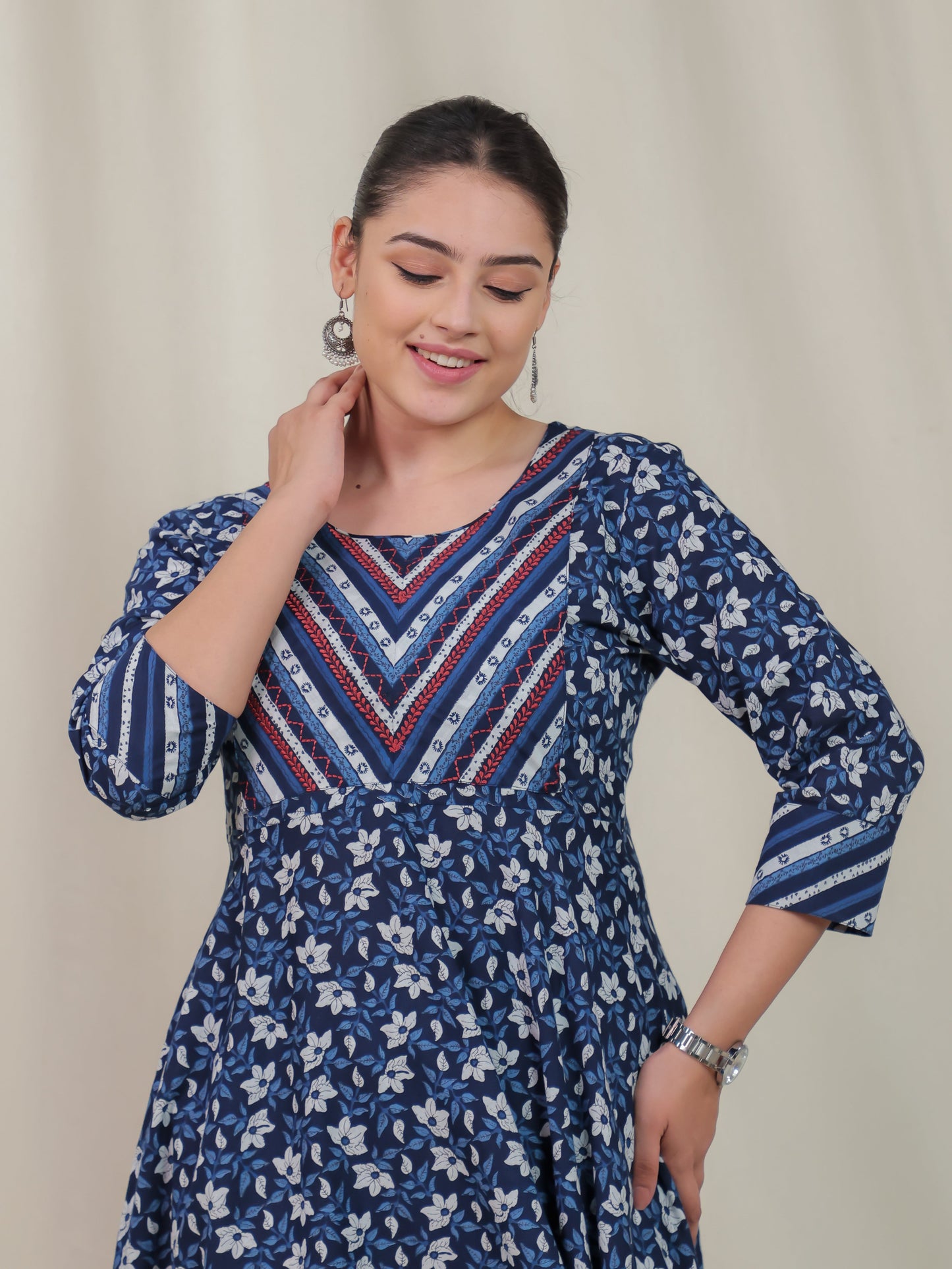 Embroidered Soft Cotton Floral Anarkali Blue Kurta