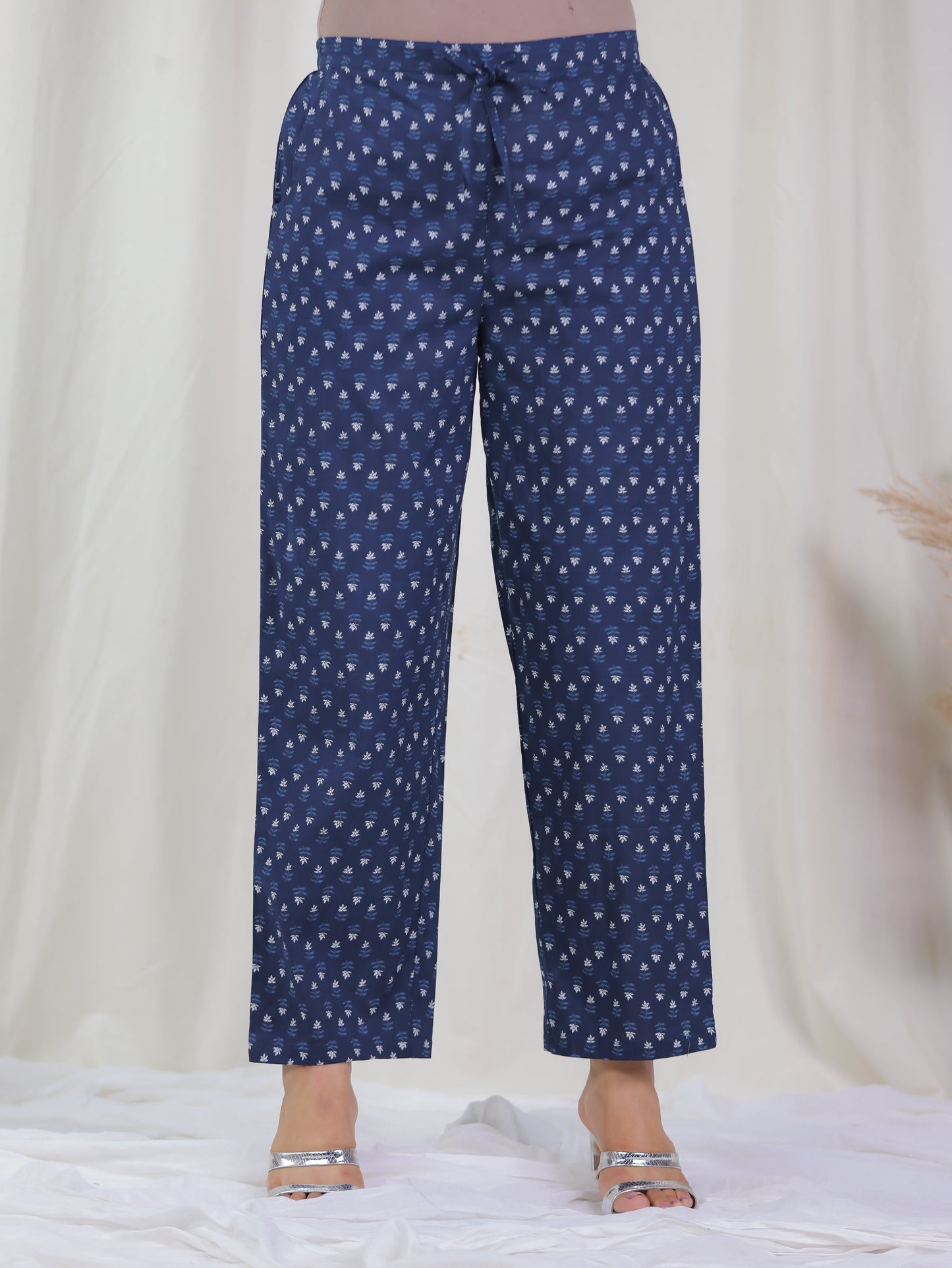 Soft Cotton Floral Blue Straight Trousers