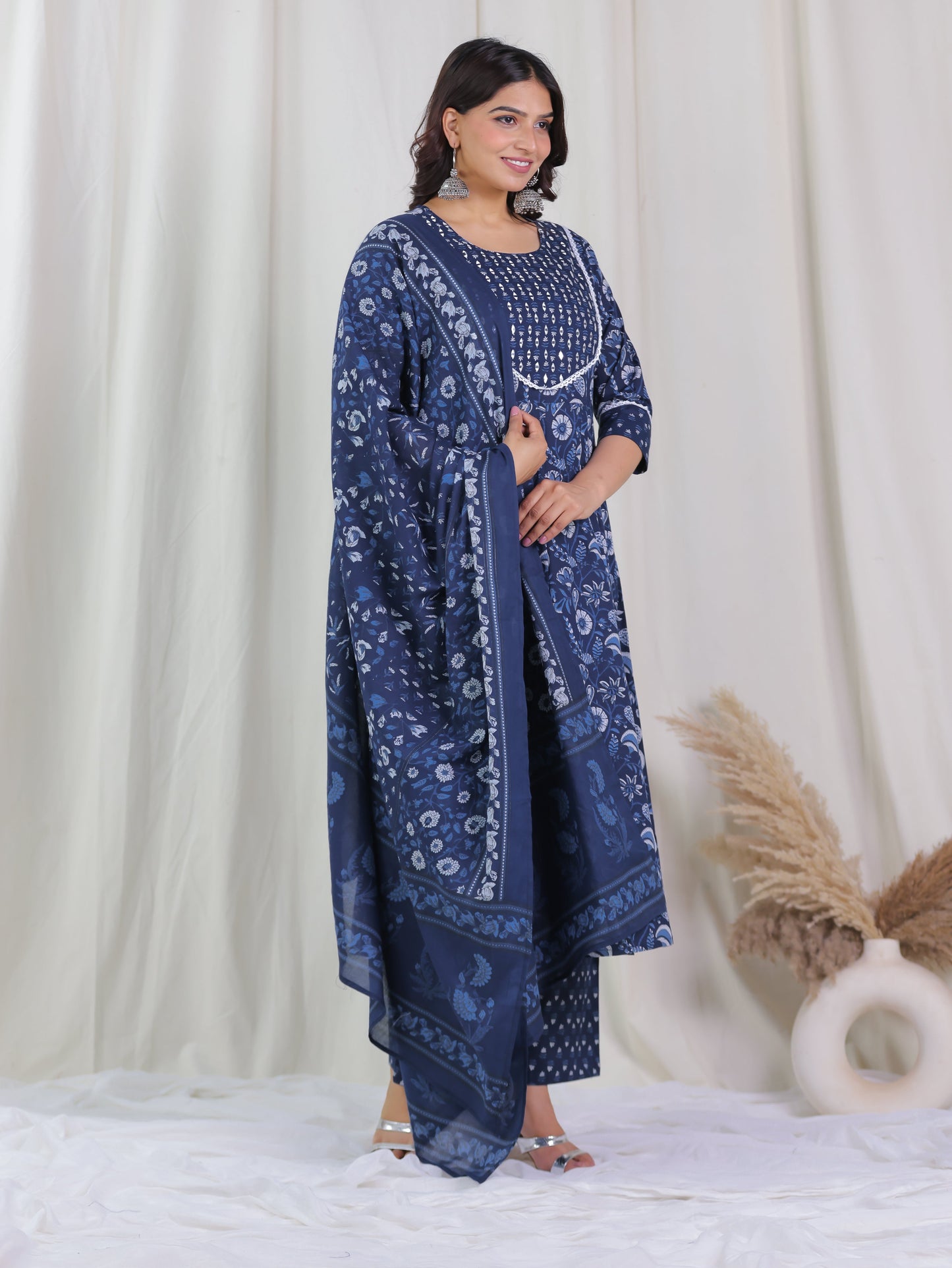 Cotton Voile Floral Blue Dupatta