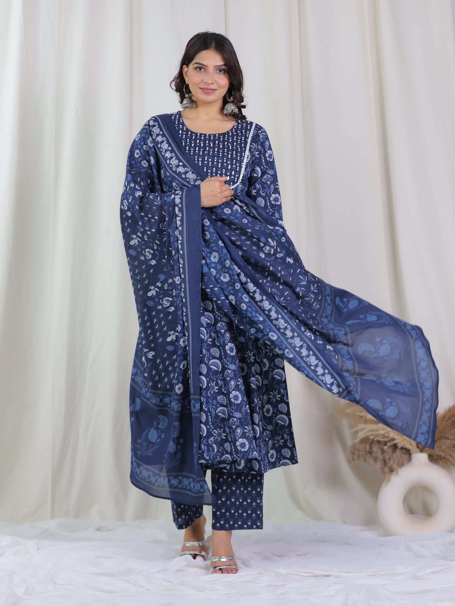 Cotton Voile Floral Blue Dupatta