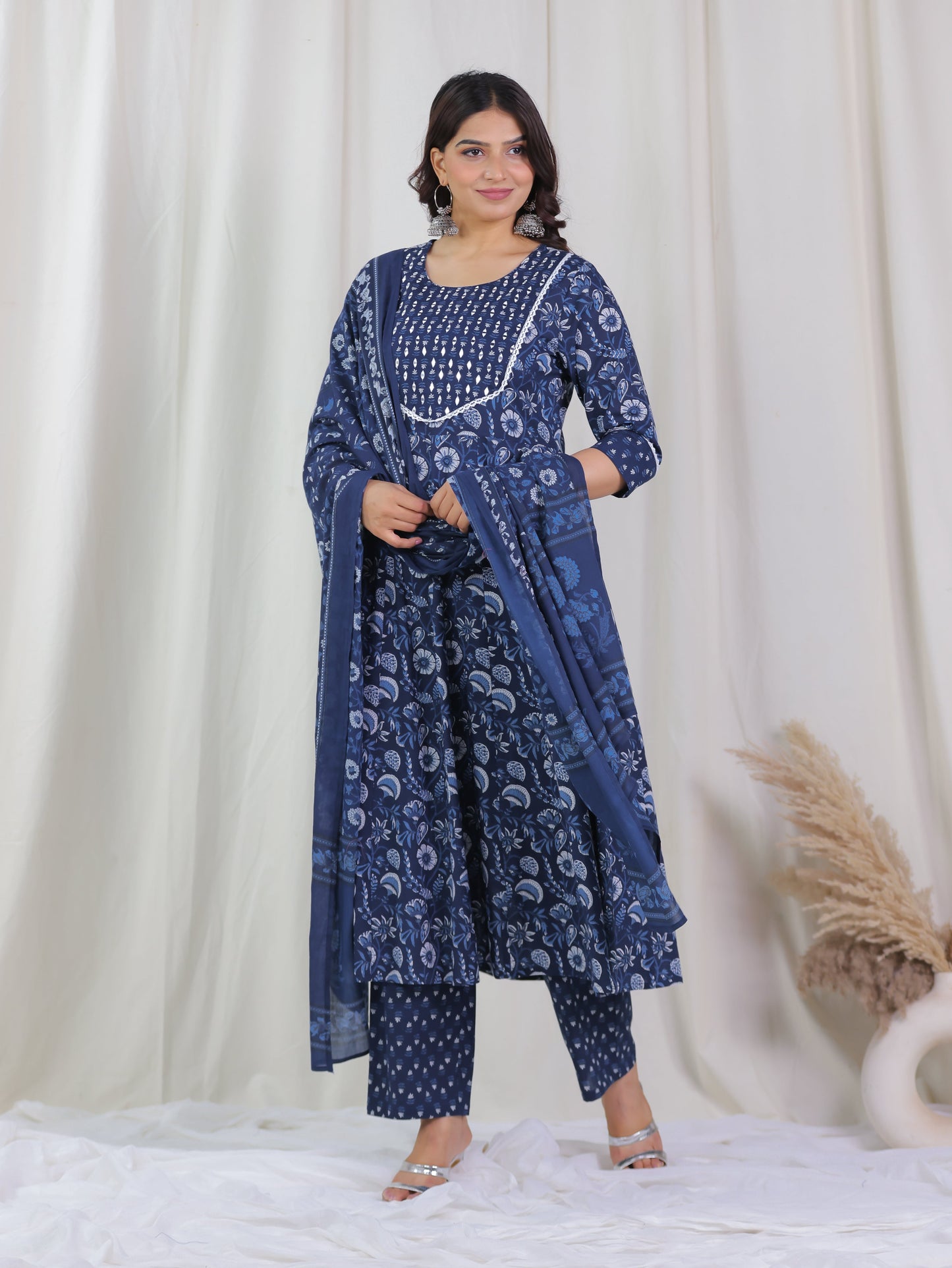 Soft Cotton Floral Anarkali Blue Kurta