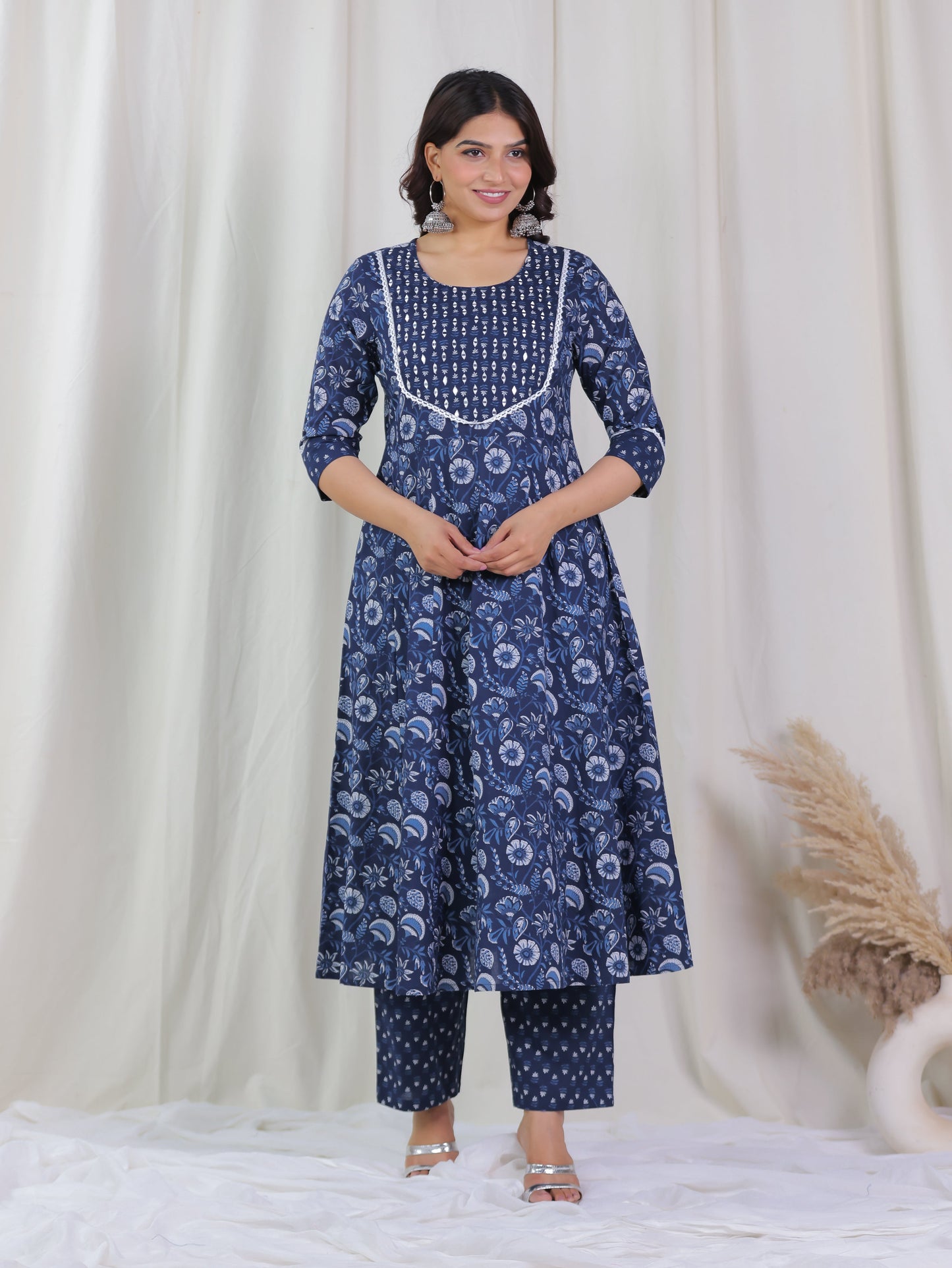 Soft Cotton Floral Anarkali Blue Kurta