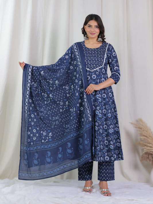 Soft Cotton Floral Anarkali Blue Kurta