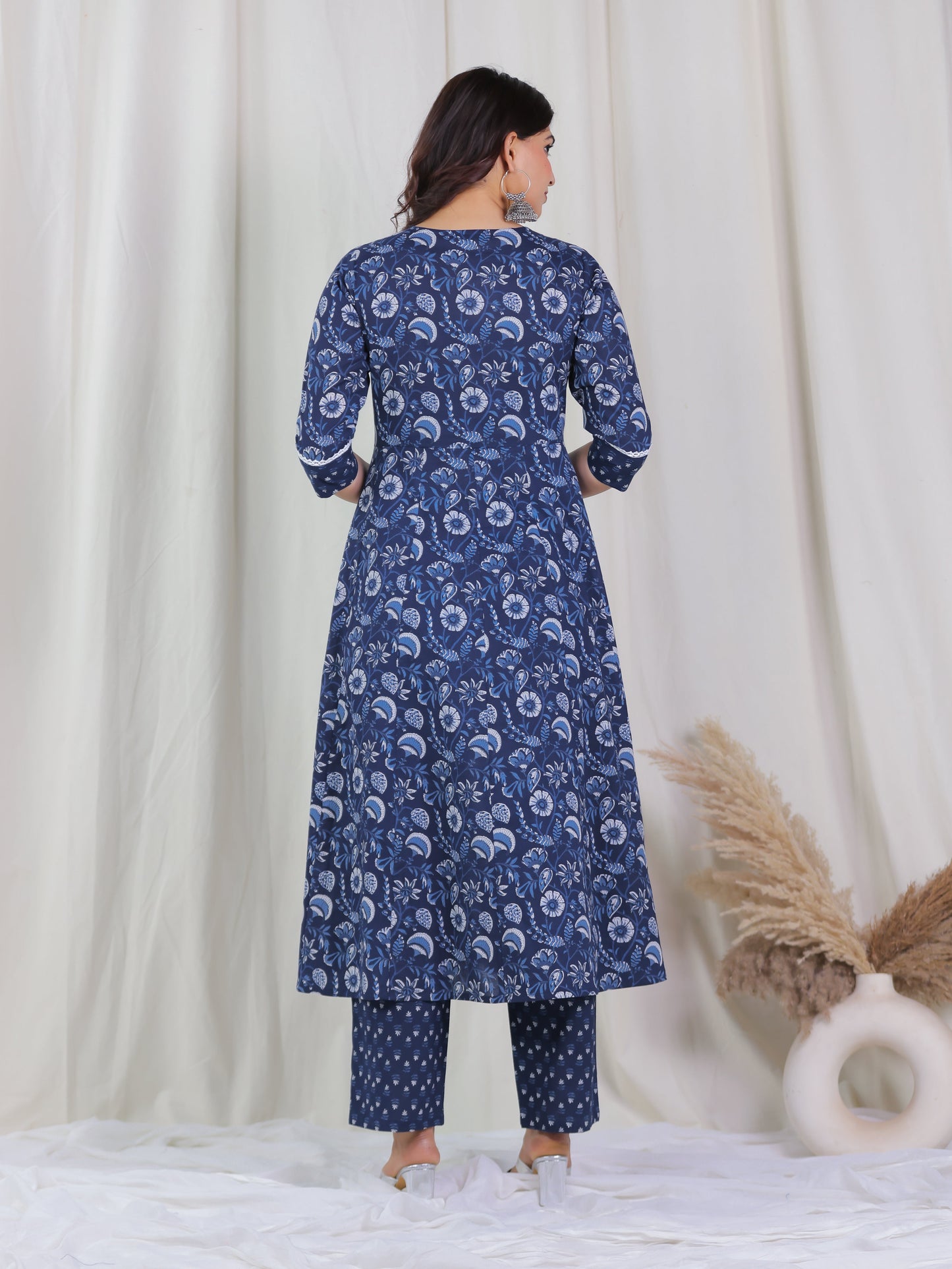 Soft Cotton Floral Anarkali Blue Kurta