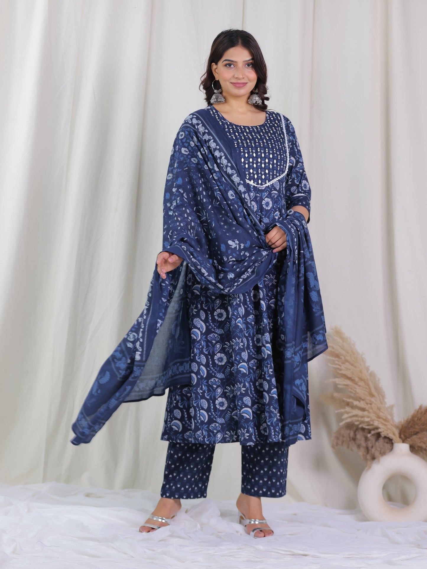 Soft Cotton Floral Anarkali Blue Kurta