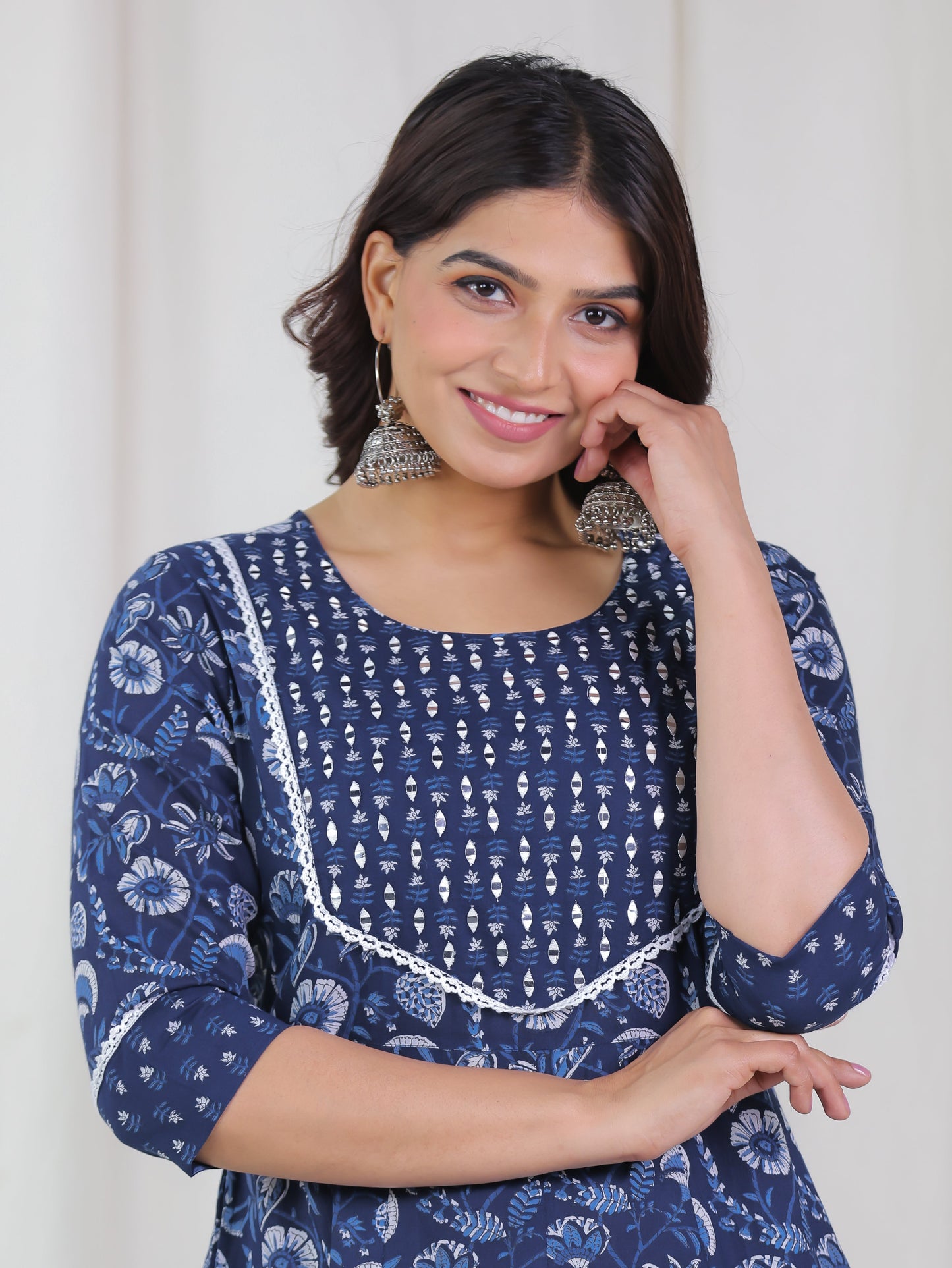 Soft Cotton Floral Anarkali Blue Kurta