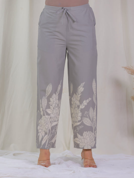 Soft Cotton Placement Print Grey Straight Trousers