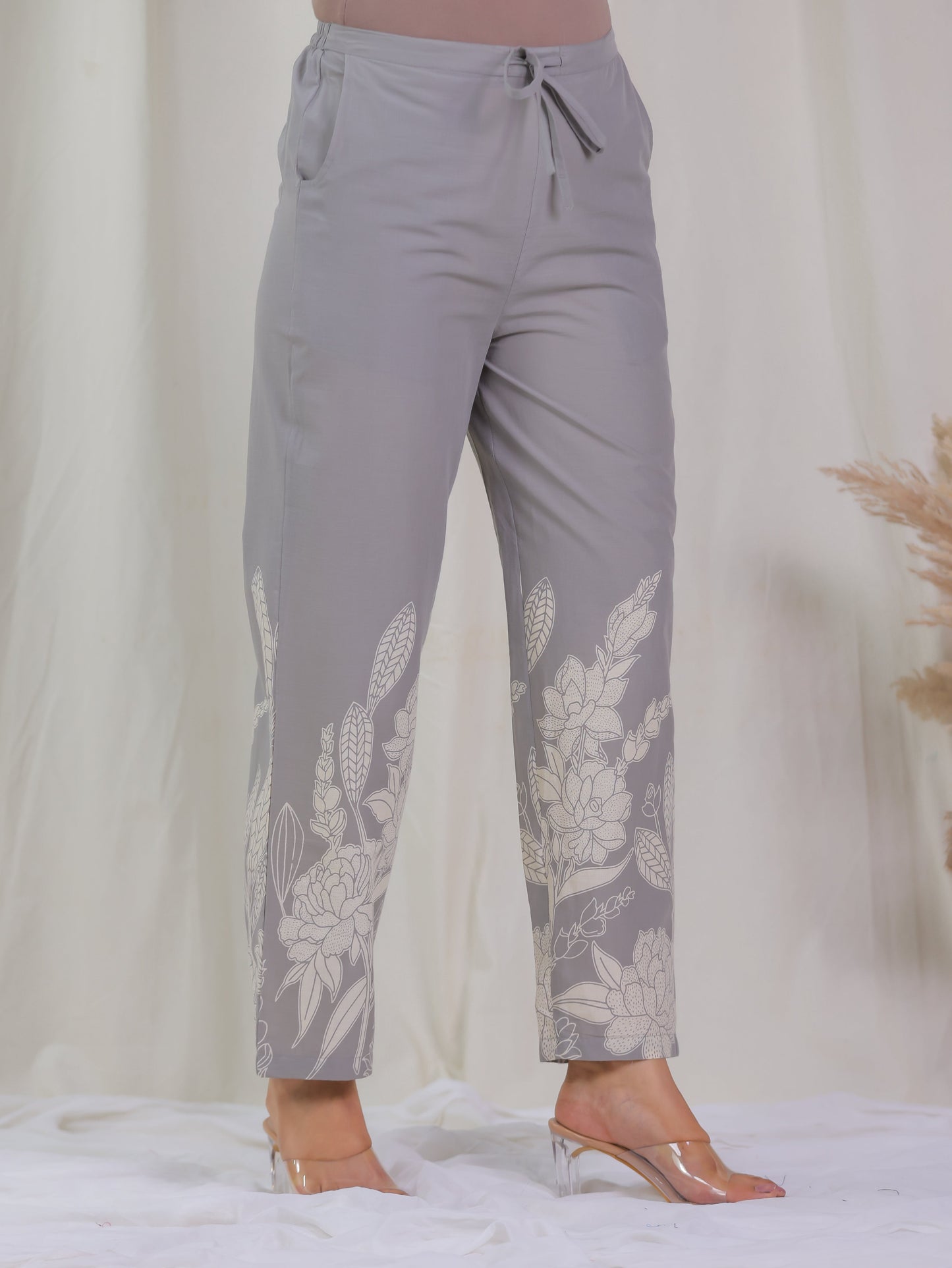 Soft Cotton Placement Print Grey Straight Trousers