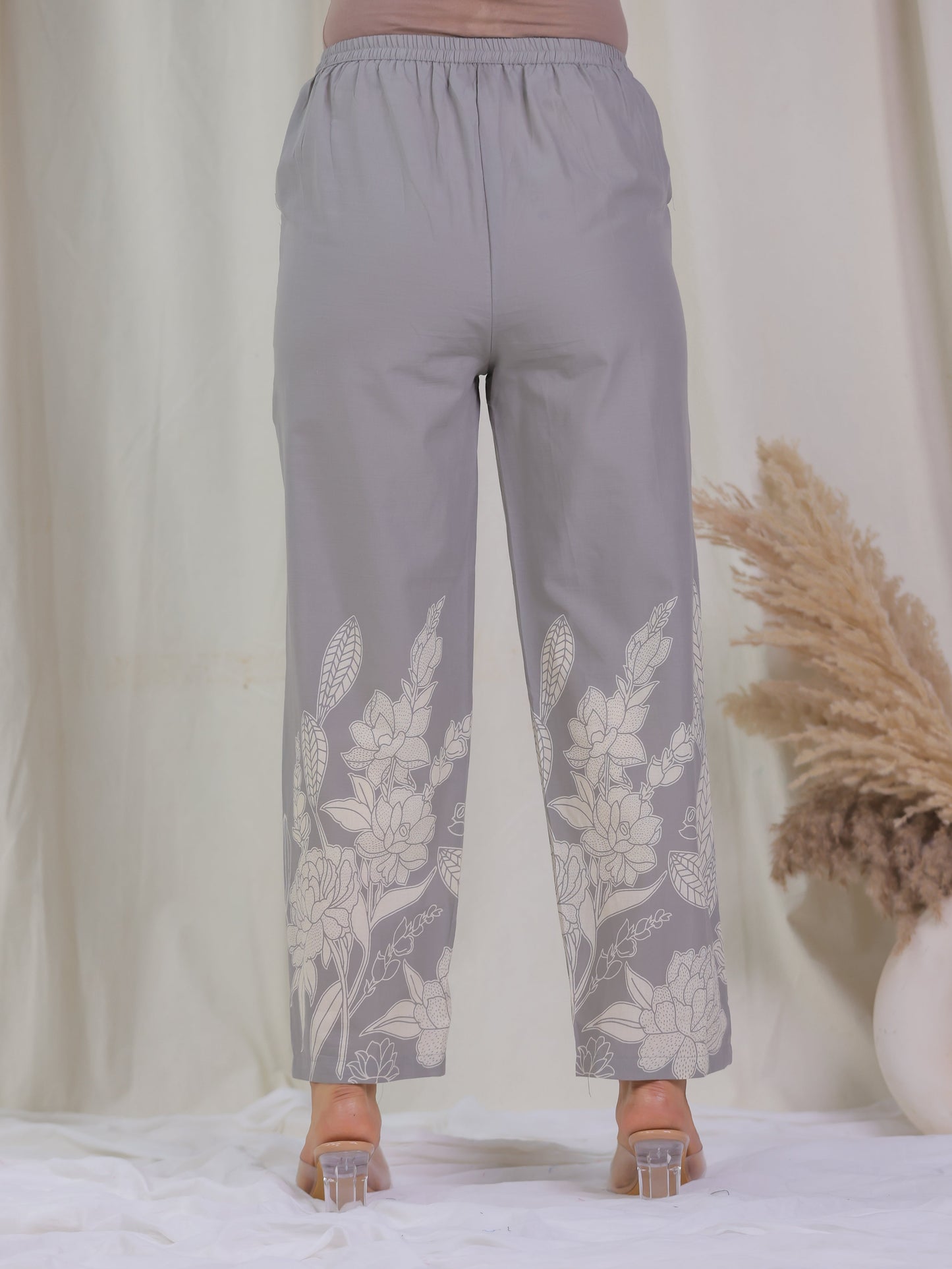 Soft Cotton Placement Print Straight Grey Kurta