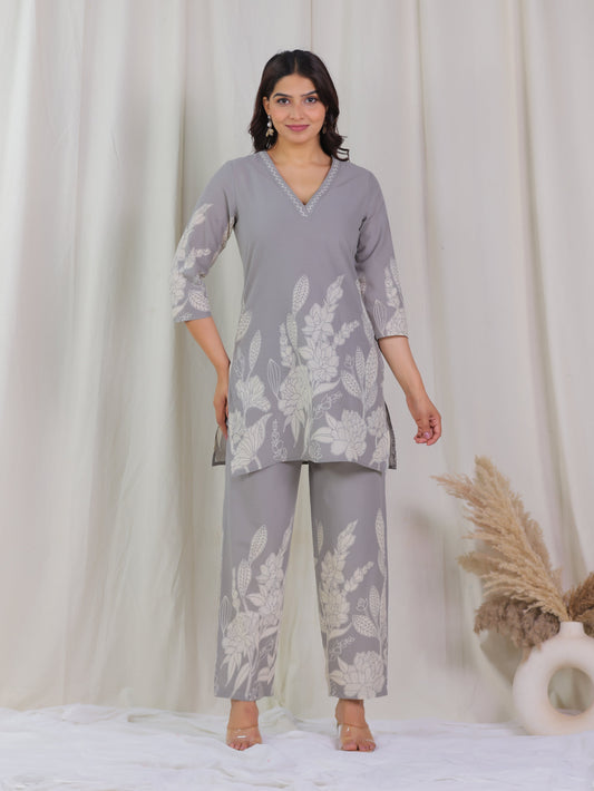 Soft Cotton Placement Print Straight Grey Kurta