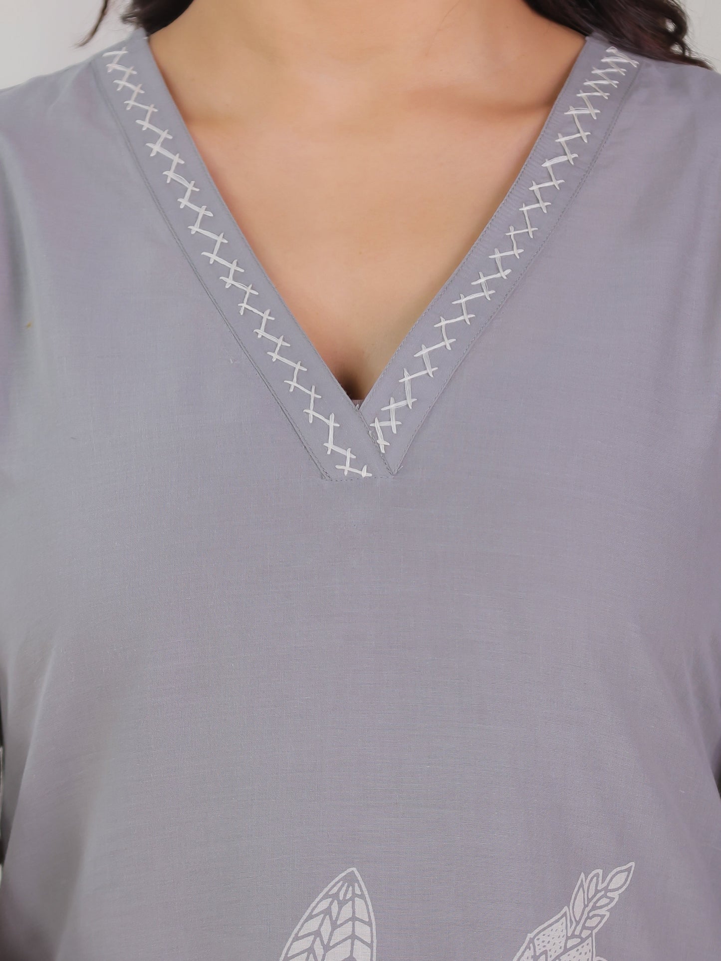 Soft Cotton Placement Print Straight Grey Kurta