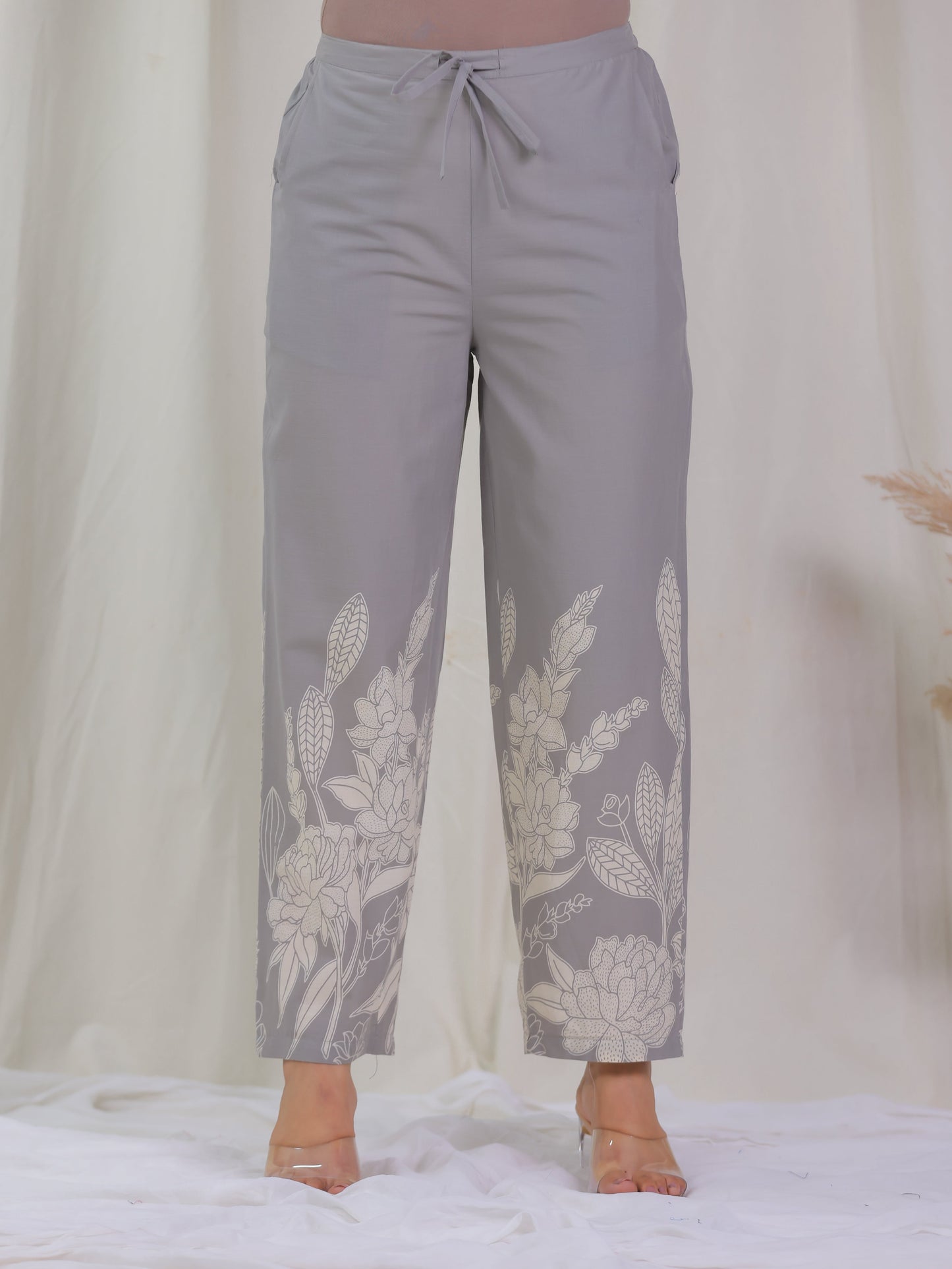 Soft Cotton Placement Print Straight Grey Kurta