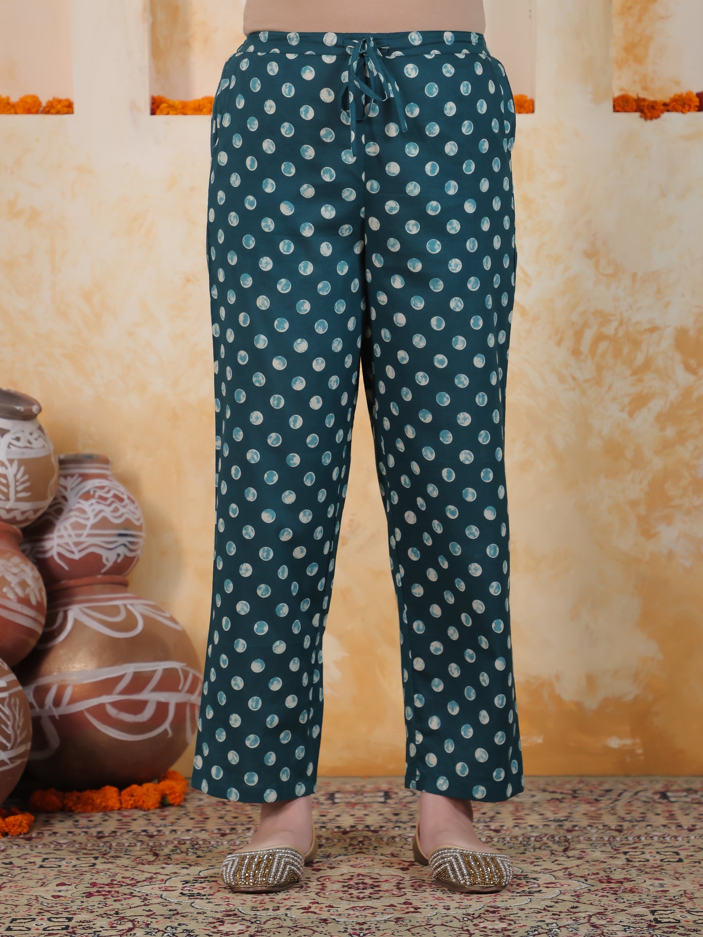 Soft Cotton Polka Blue Straight Trousers