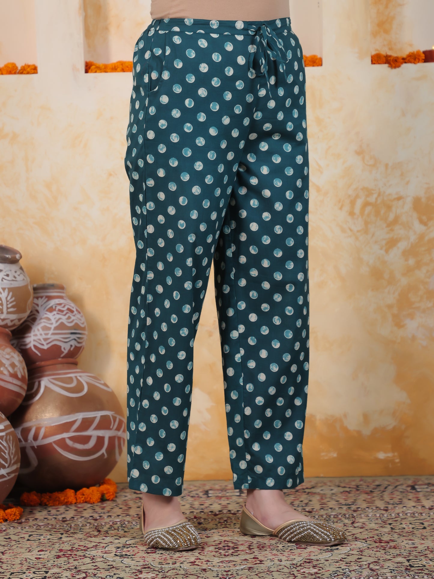 Soft Cotton Polka Blue Straight Trousers