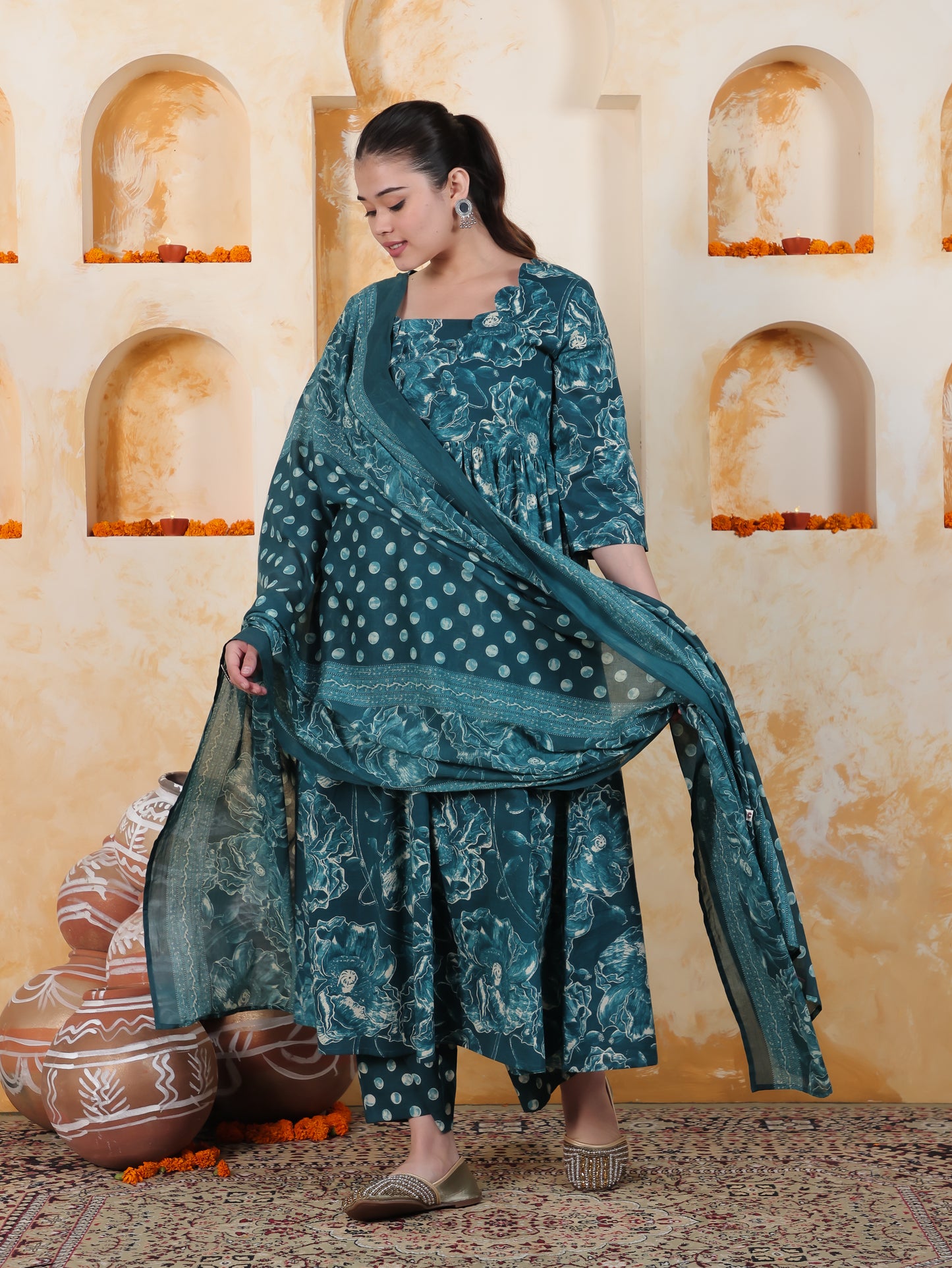 Soft Cotton Floral Flared Blue Kurta