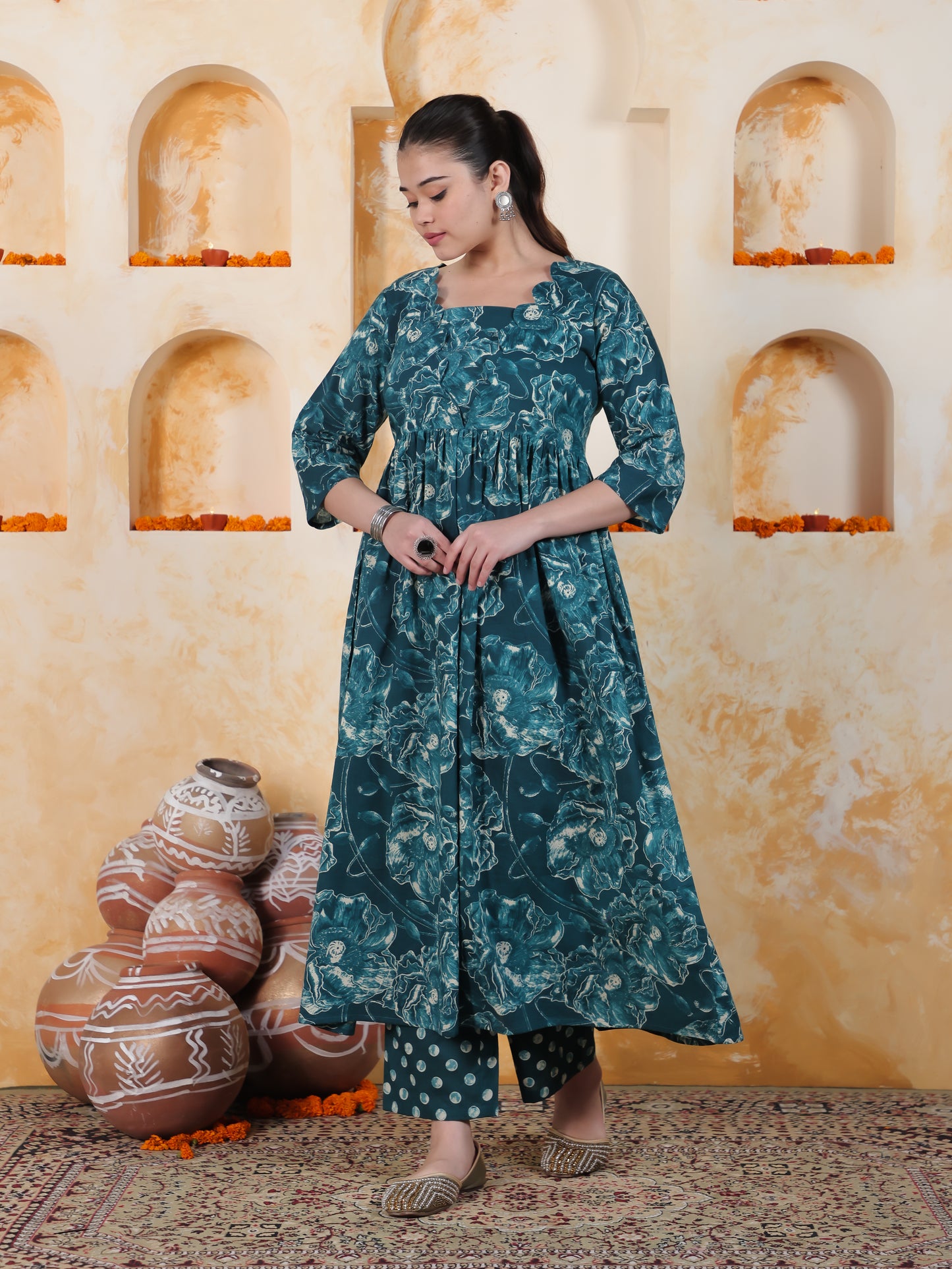 Soft Cotton Floral Flared Blue Kurta
