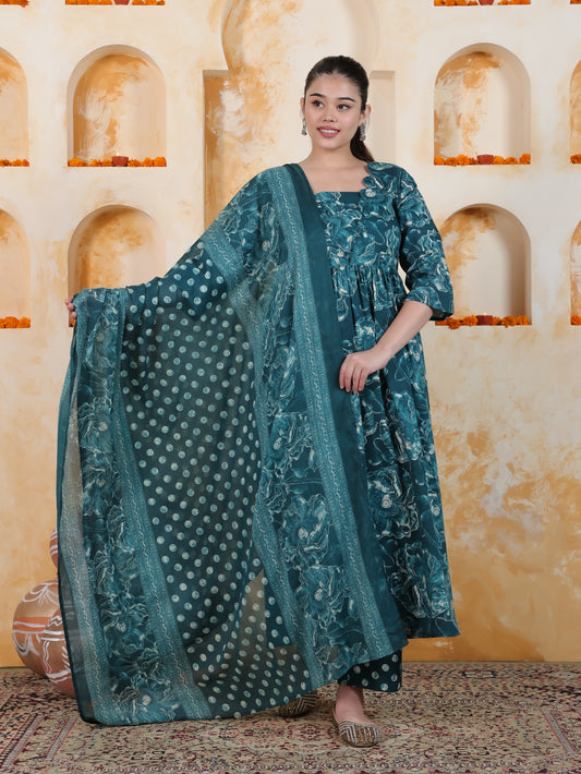 Soft Cotton Floral Flared Blue Kurta