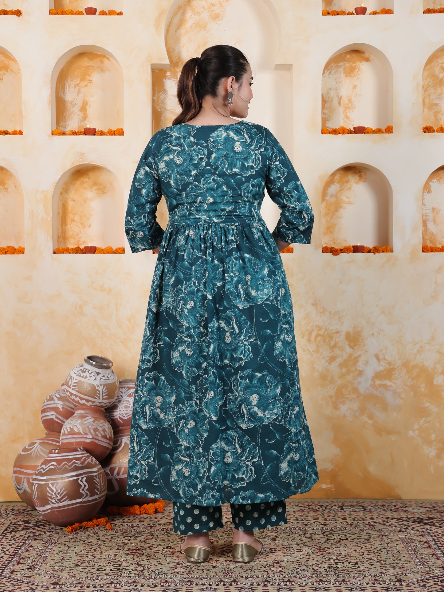 Soft Cotton Floral Flared Blue Kurta