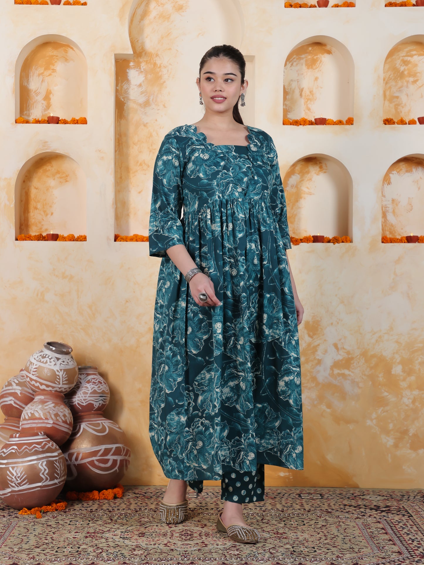 Soft Cotton Floral Flared Blue Kurta