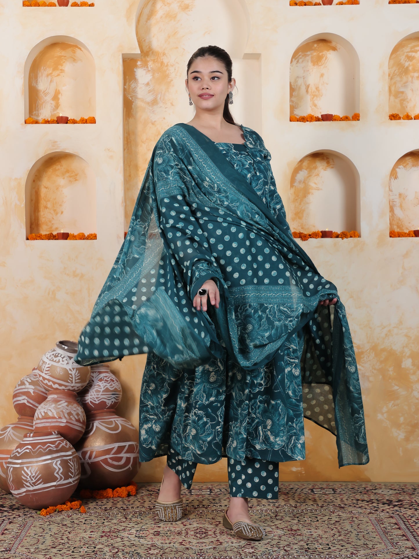 Soft Cotton Floral Flared Blue Kurta