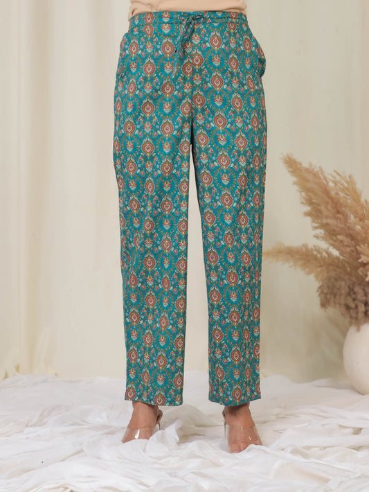 Soft Cotton Block Print Teal Straight Trousers