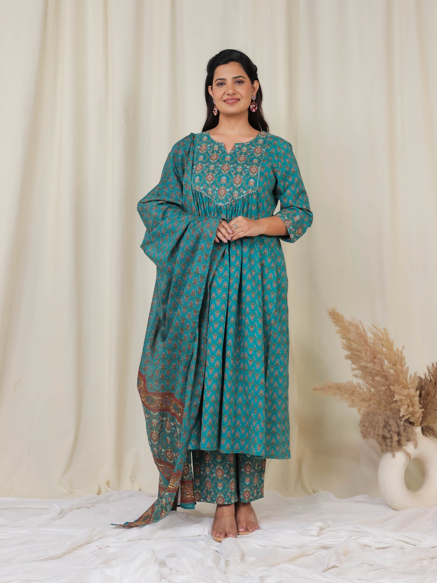 Cotton Voile Block Print Teal Dupatta
