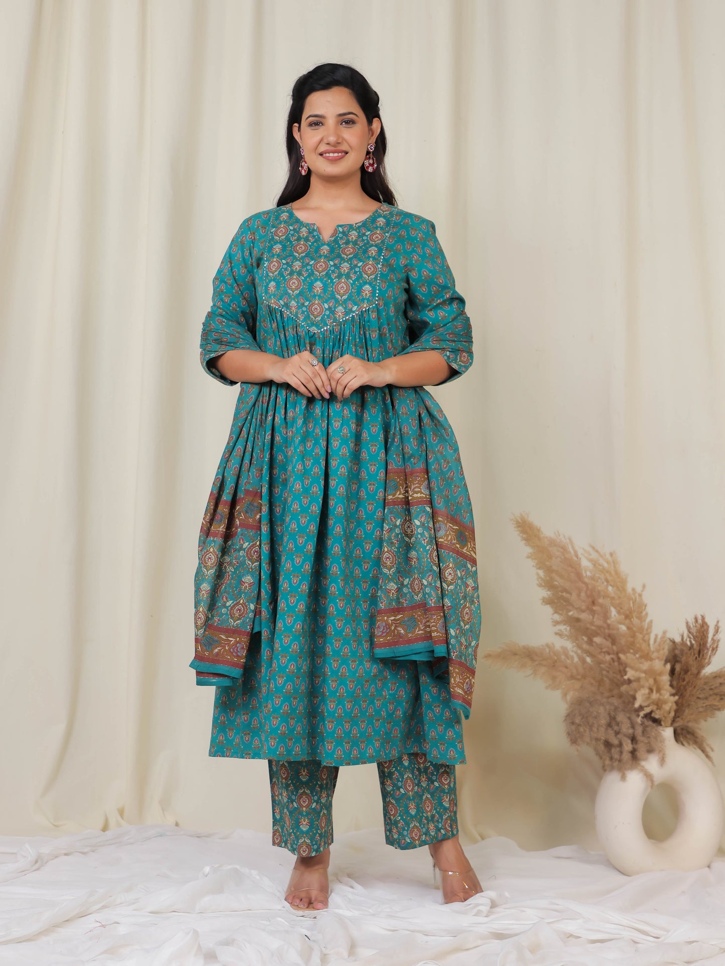 Cotton Voile Block Print Teal Dupatta