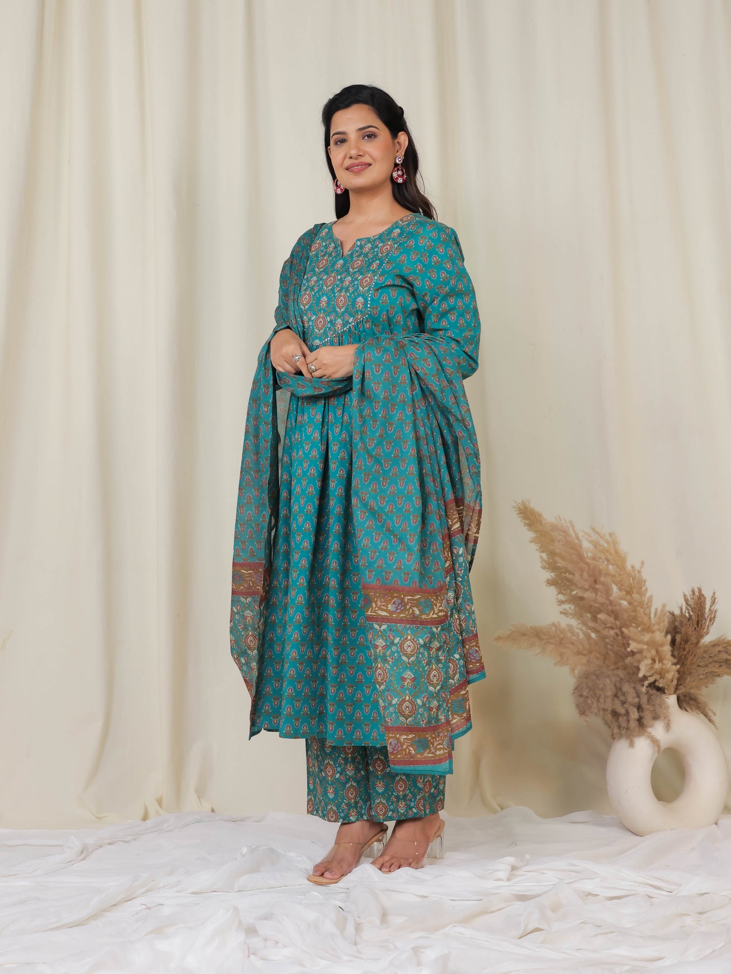 Soft Cotton Block Print A-line Teal Kurta