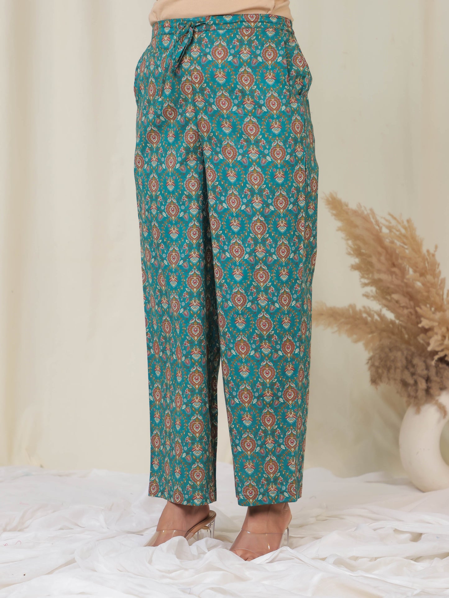 Soft Cotton Block Print A-line Teal Kurta