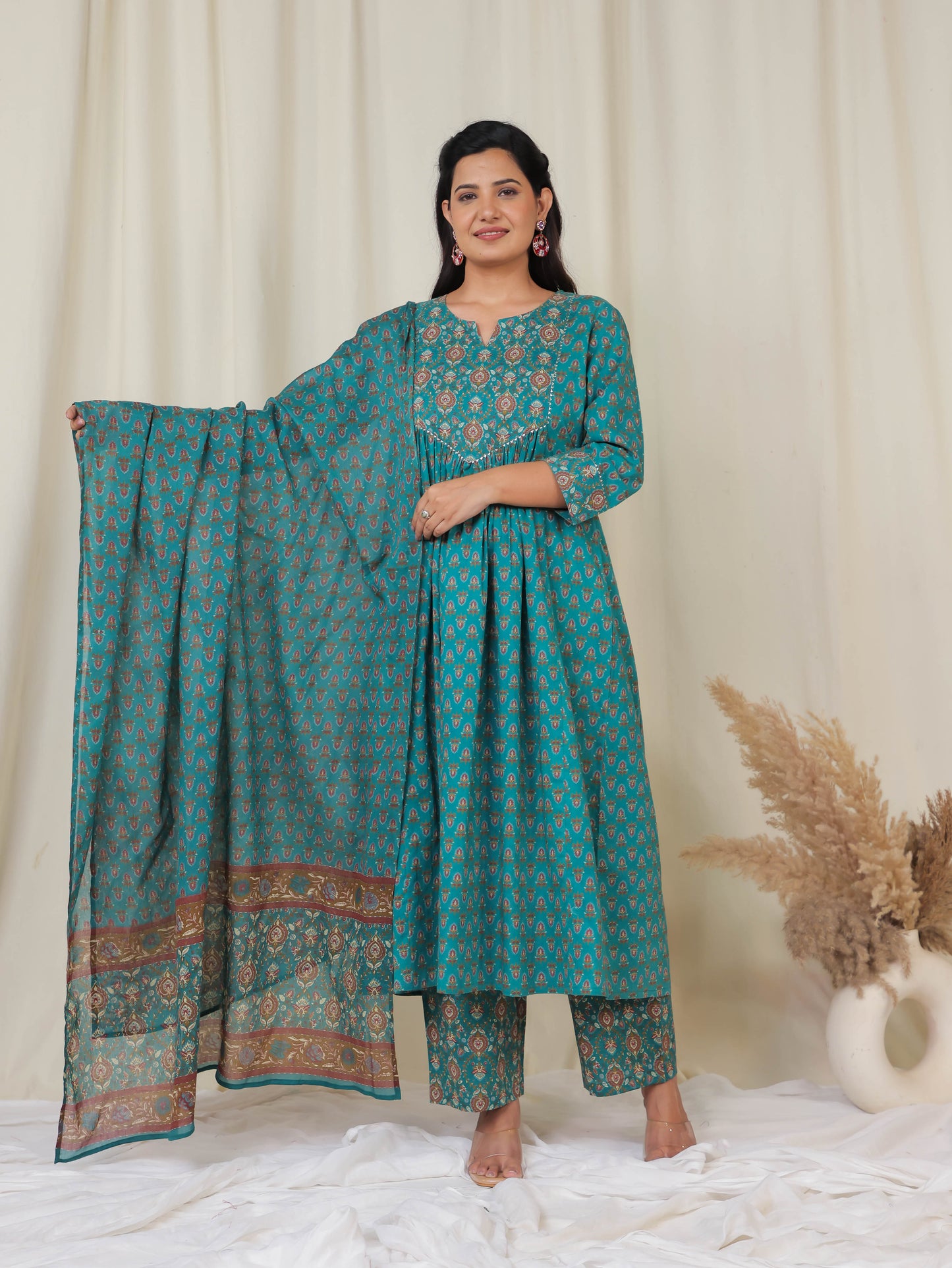 Soft Cotton Block Print A-line Teal Kurta