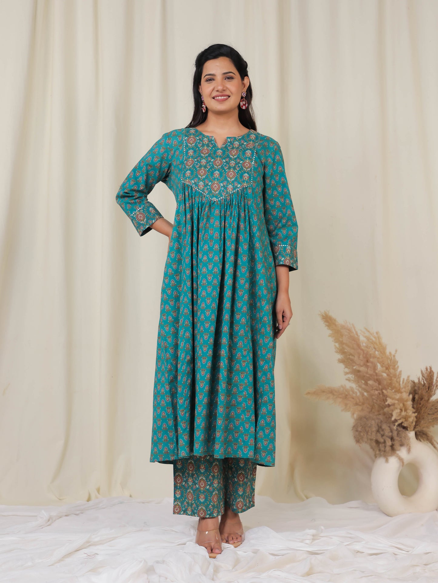 Soft Cotton Block Print A-line Teal Kurta