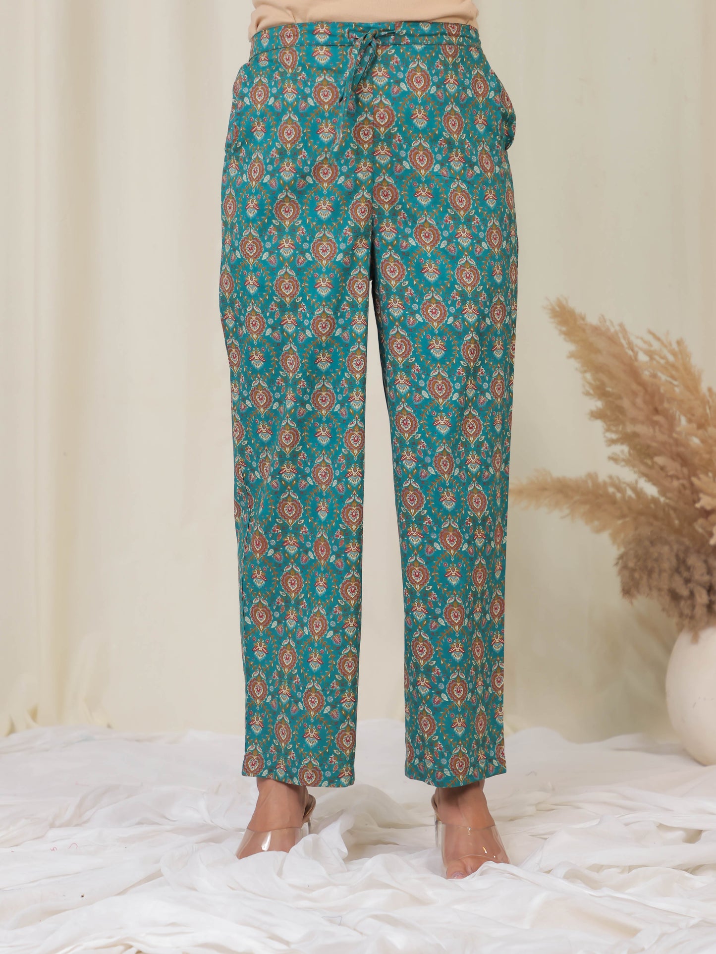 Soft Cotton Block Print A-line Teal Kurta