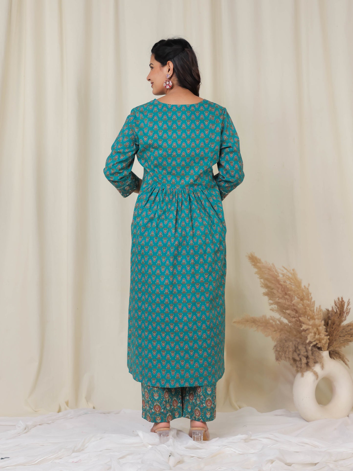 Soft Cotton Block Print A-line Teal Kurta