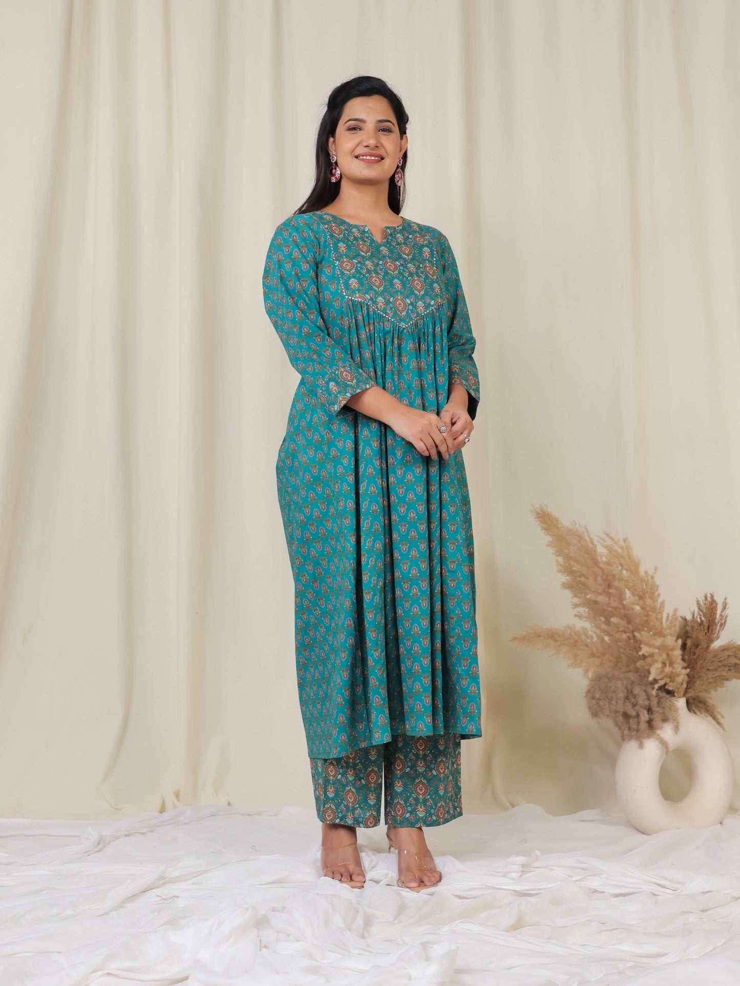 Soft Cotton Block Print A-line Teal Kurta