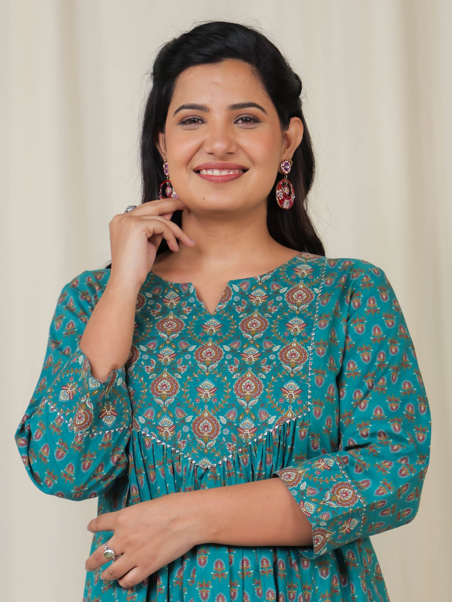 Soft Cotton Block Print A-line Teal Kurta