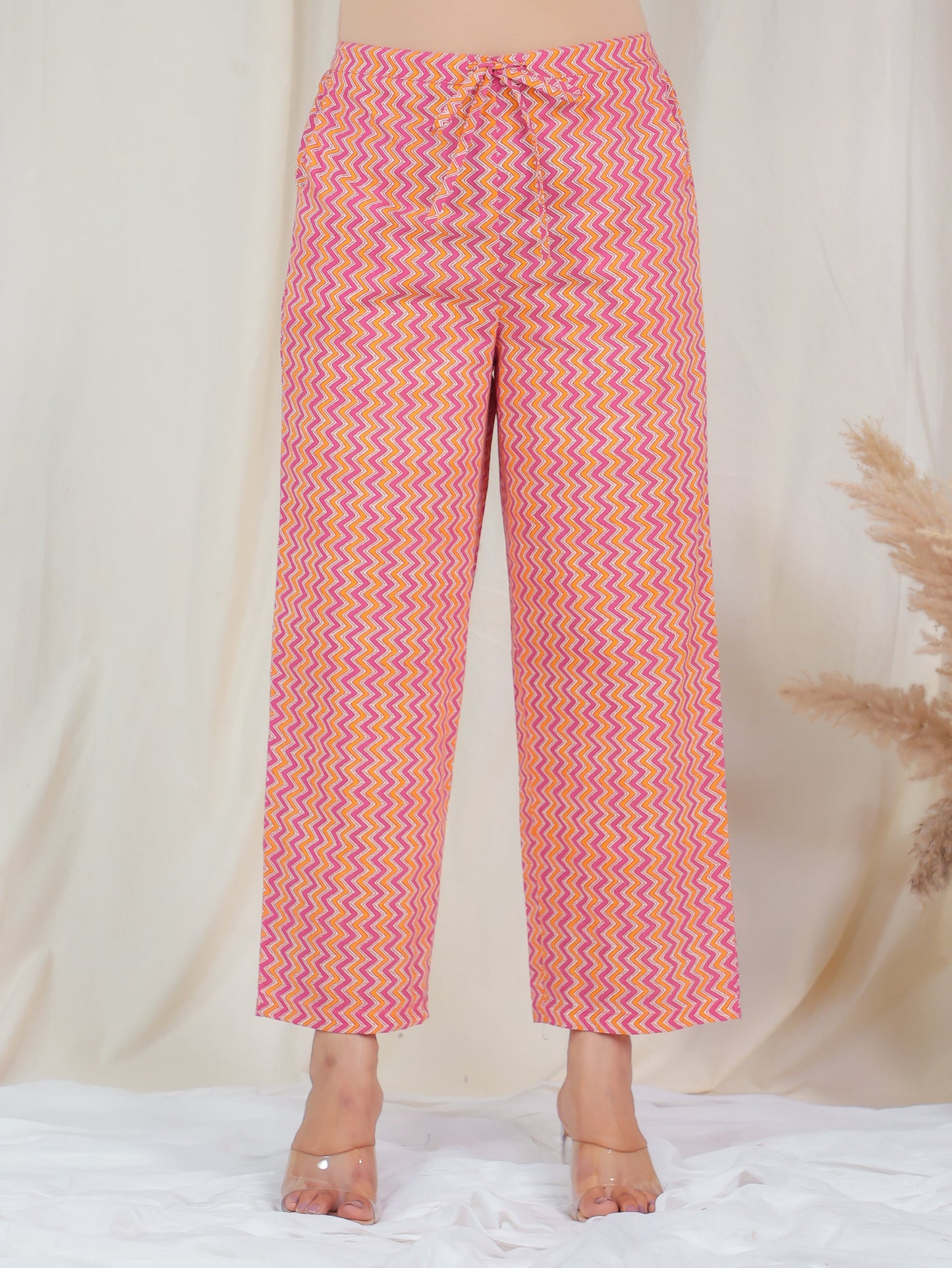 Soft Cotton Chevron Pink Straight Trousers