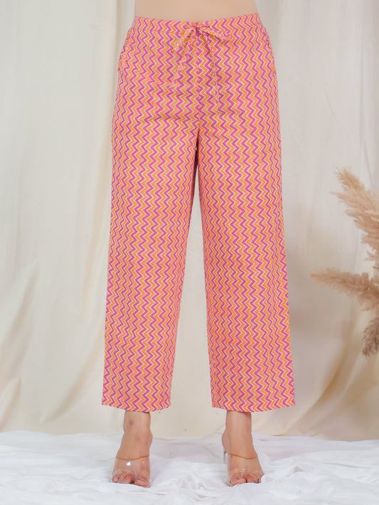 Soft Cotton Chevron Pink Straight Trousers